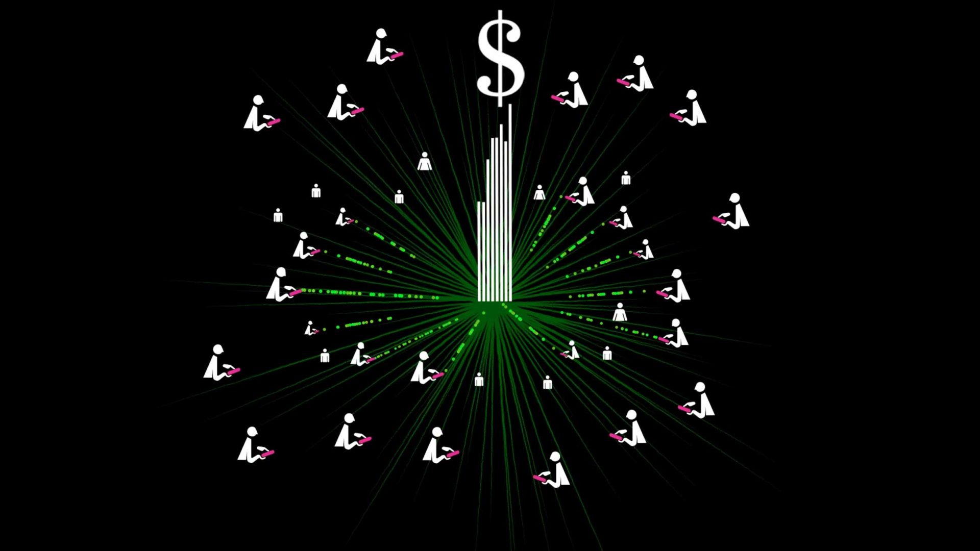 A central dollar sign and building emit green rays outward to many stick figures with pink books, suggesting money or power radiating from a central source—an image by Oh Studio that's better than this dark background implies. Frame from Stash Magazine article.