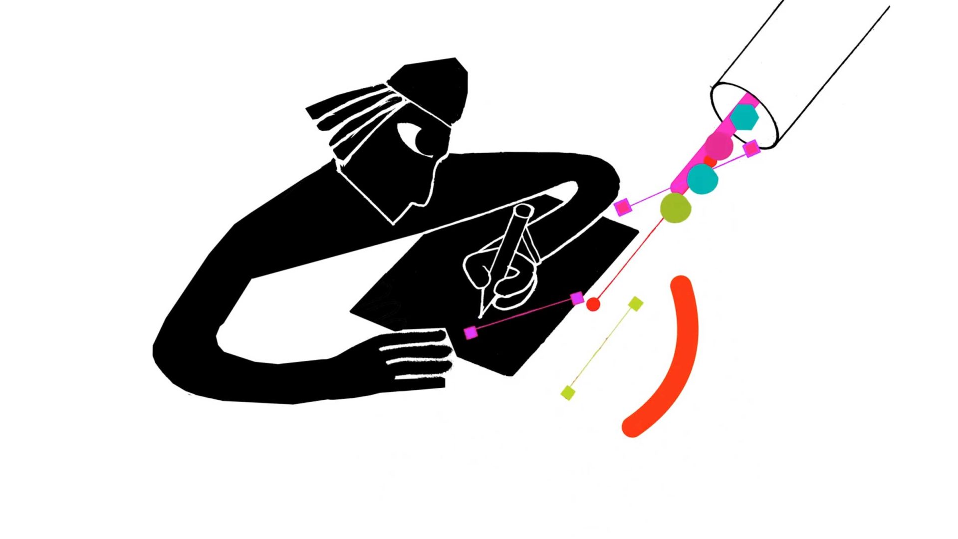A stylized figure in black, reminiscent of ancient Greek art, draws on a tablet as colorful geometric shapes spill from a tilted container toward their hand—a nod to Oh Studio’s belief that creativity is always better than this moment alone. The background is white. Frame from Stash Magazine article.