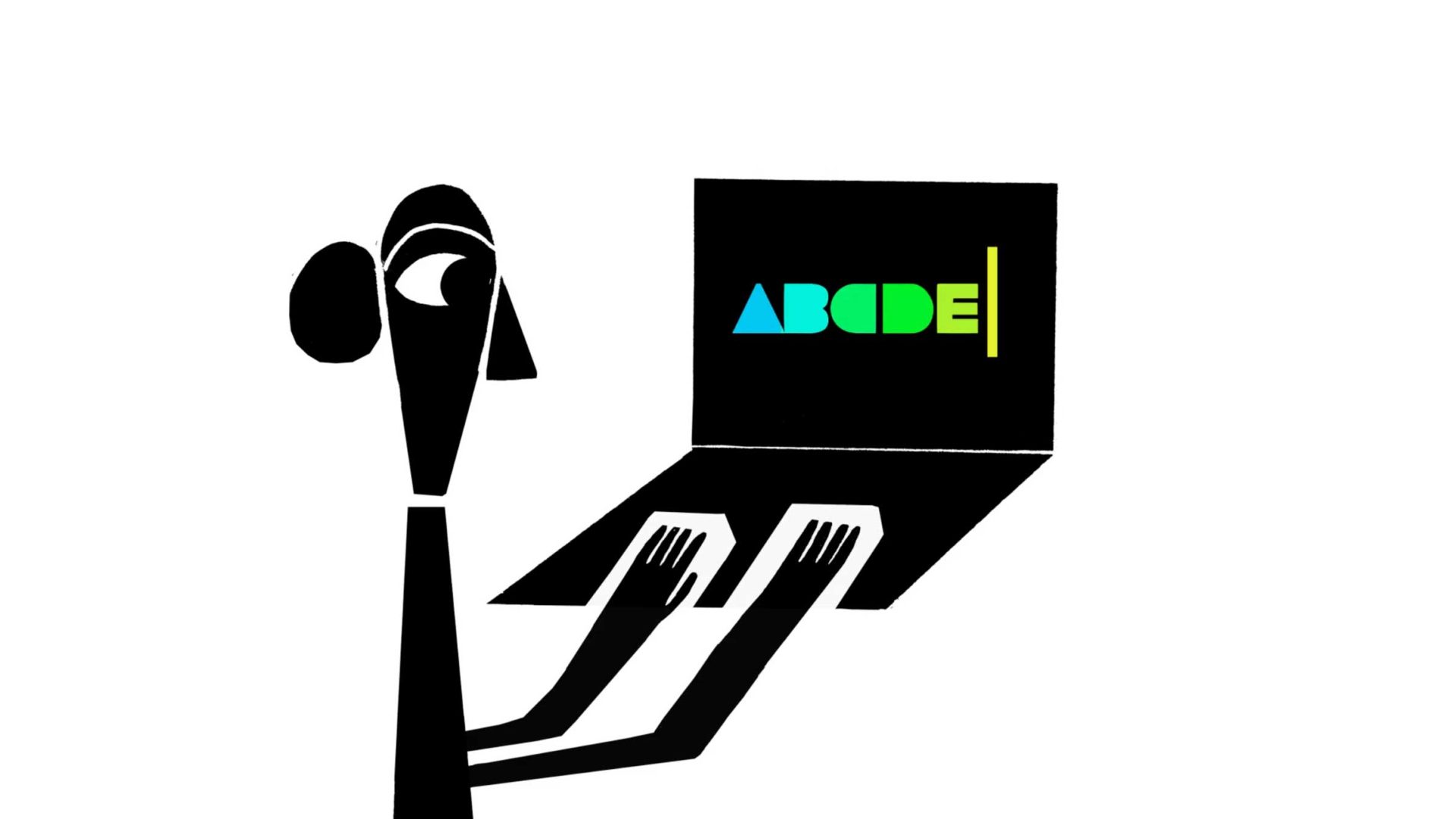 A minimalist, abstract illustration by Oh Studio shows a person using a laptop. The screen displays colorful text reading ABCDE with a blinking cursor at the end, against a white background. Frame from Stash Magazine article.