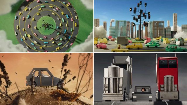 Four scenes: cars drive in a spiral; city streets with many traffic lights; a damaged car on a hill; three trucks of varying sizes, a person visible in the smallest. All images use a diorama or model style, reminiscent of Joel Kefali’s distinctive visual approach and perfect for capturing the world of AA Insurance. Frame from Stash Magazine article.