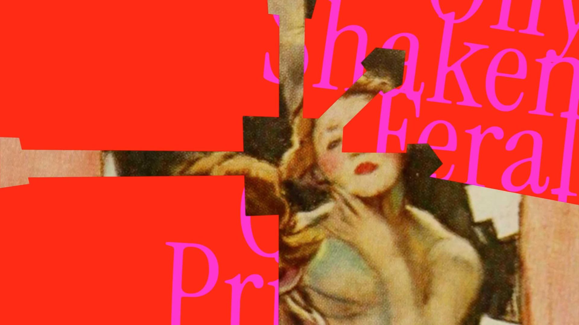 A vintage-style illustration of a woman is partially obscured by large, red, geometric blocks and the magenta text shaken Feral Pri, embodying the bold design language seen in recent ADC Annual Awards entries. Frame from Stash Magazine article.