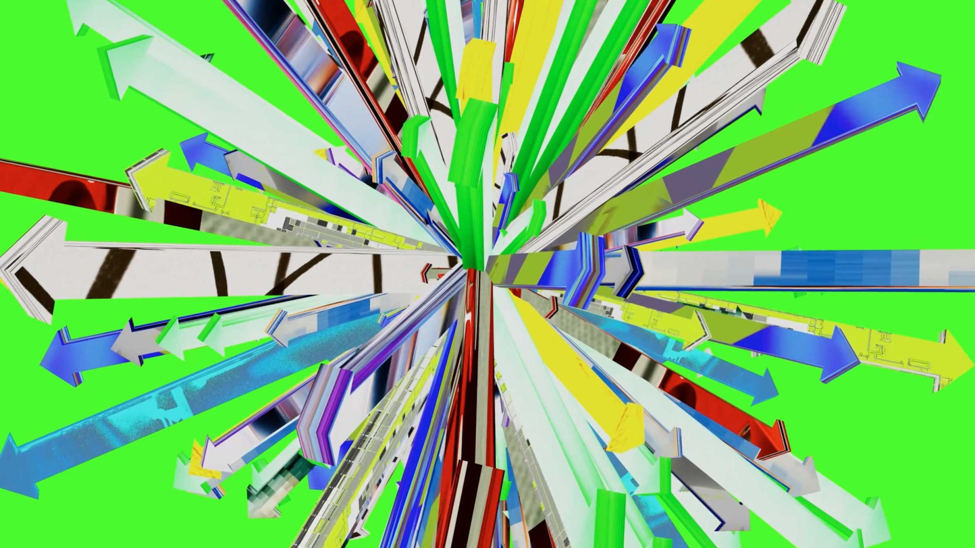 Many colorful arrows of various sizes pointing outward from the center against a solid green background, reflecting the vibrant design language of the ADC Annual Awards. Frame from Stash Magazine article.