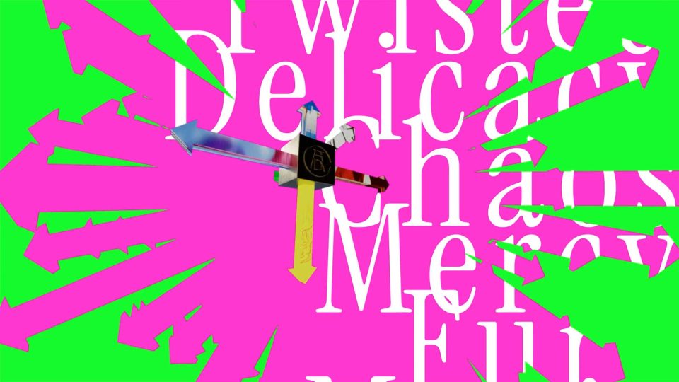 A 3D sword points left over a bright green and pink DixonBaxi background, featuring bold white text that reads Twisted Delicate Chaos Mercy Full in an ADC-style design. Frame from Stash Magazine article.