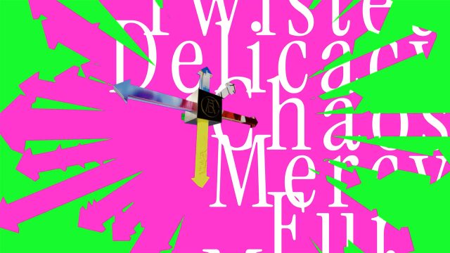 A central cube with arrows pointing in four directions, set against a pink and green background with the partially obscured text Twisted Delicacy, Chaos, and Mercy, featured in the ADC 106th Annual Awards launch film by DixonBaxi. Frame from Stash Magazine article.