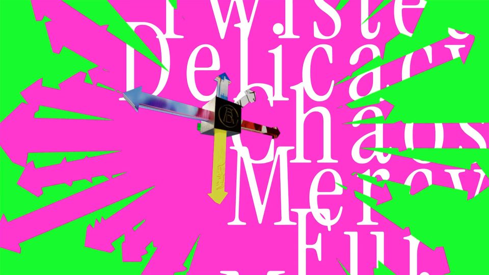A central cube with arrows pointing in four directions, set against a pink and green background with the partially obscured text Twisted Delicacy, Chaos, and Mercy, featured in the ADC 106th Annual Awards launch film by DixonBaxi. Frame from Stash Magazine article.