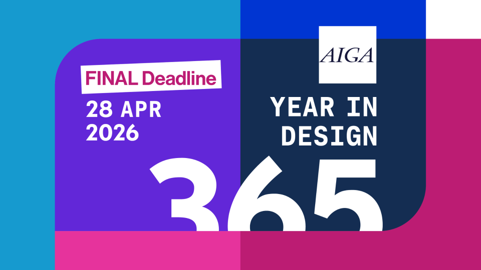 A colorful graphic announces the AIGA 365 Year in Design competition, with a final deadline of April 28, 2026, using bold white and magenta text on blue, pink, and purple geometric backgrounds. Frame from Stash Magazine article.