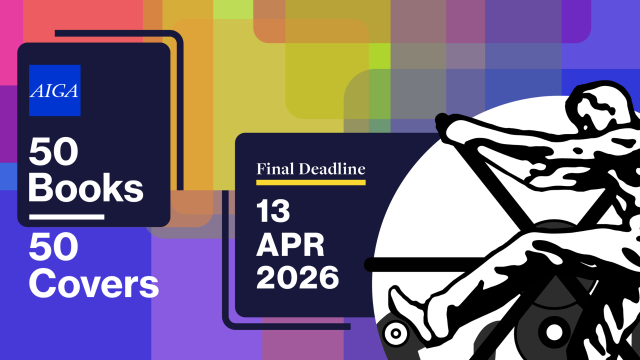 Graphic promoting the AIGA 50 Books 50 Covers competition, highlighting the final deadline of April 13, 2026, with colorful abstract shapes and a partial illustration of a seated statue. Frame from Stash Magazine article.
