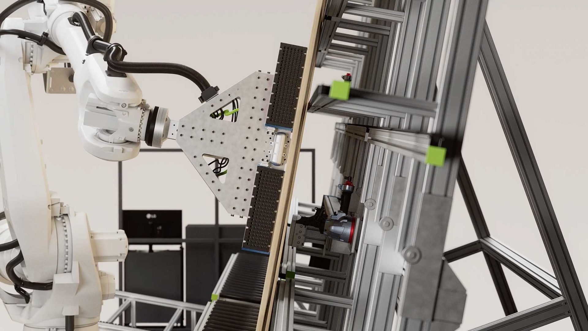 A robotic arm in an XO3D Robot MicroFactory precisely positions a metallic panel against a framework with green clamps, likely for assembly or testing, in an industrial or laboratory setting. Frame from Stash Magazine article.