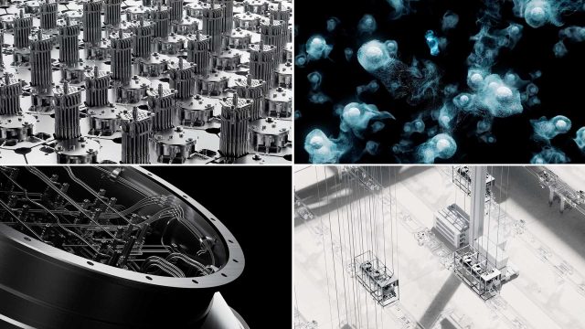 A collage of four abstract technology images: quantum processors, blue particles on black, a close-up of intricate wiring, and a top-down view of elevator shafts in a bright, modern building—visuals that evoke the visionary spirit of Aalo Atomic and the promise of Energy Without Limits. Frame from Stash Magazine article.