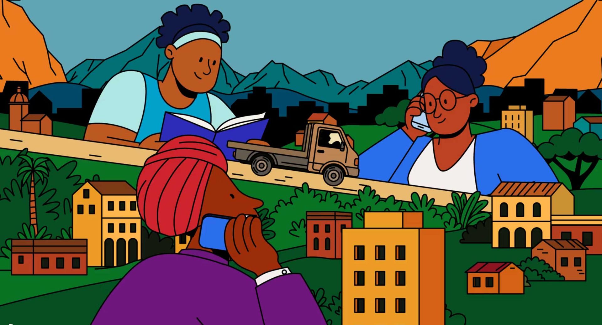 Three people are communicating, two on cell phones and one reading a book, against a vivid backdrop of colorful buildings, green trees, and mountains—a scene inspired by Acumen the Journey of a Dollar brand film by Animwood Studio. Frame from Stash Magazine article.
