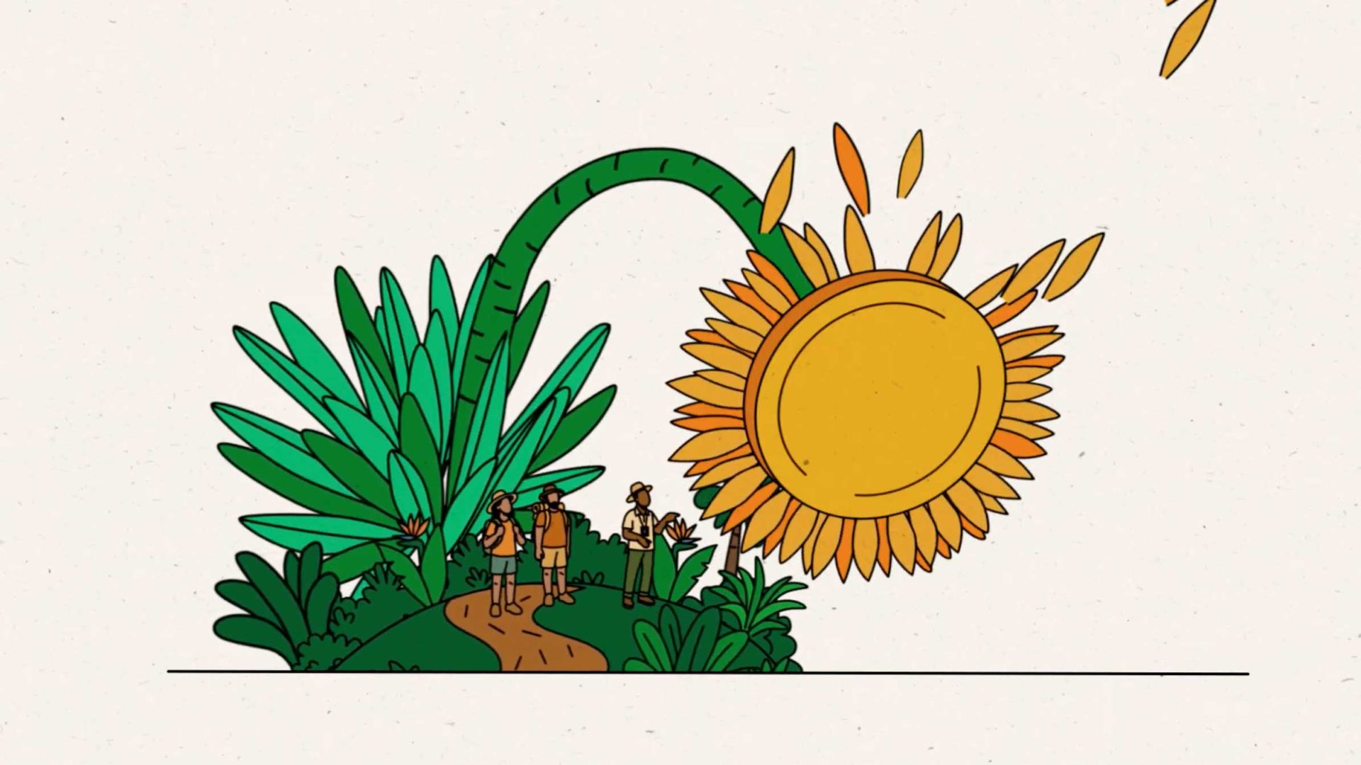 Three people stand on a path surrounded by green plants, gazing up at a large, arching sunflower with petals falling off. Illustrated in simple, bold lines and colors, the scene captures the whimsical style of Animwood Studio. Frame from Stash Magazine article.