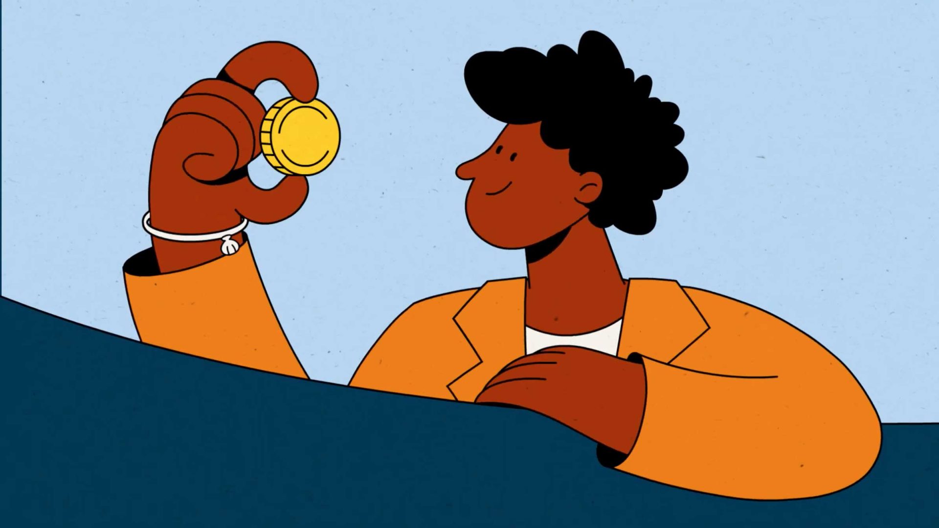 Illustration by Animwood Studio of a person with dark curly hair in an orange jacket, smiling and holding up a shiny gold coin, symbolizing Acumen, while sitting behind a blue surface. Frame from Stash Magazine article.