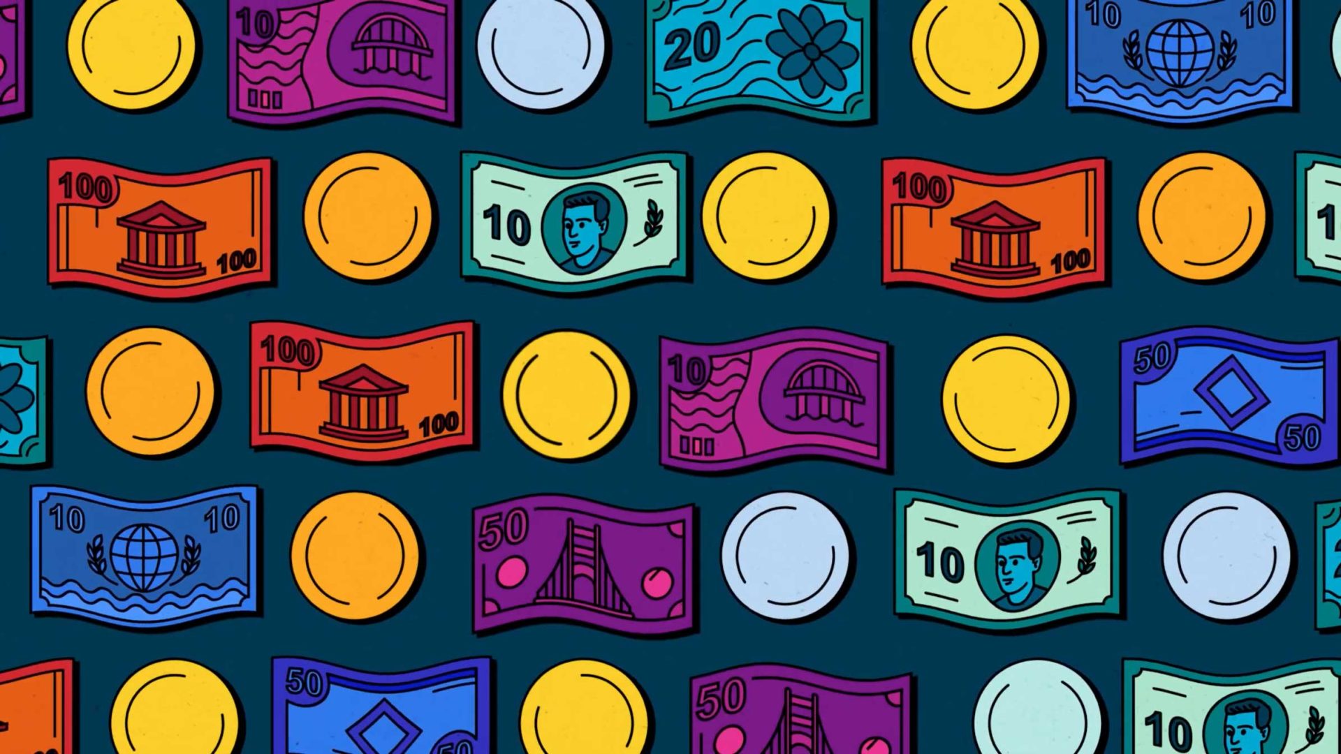 Colorful illustrated pattern by Animwood Studio featuring various paper bills and coins in red, green, purple, and blue. Each vibrant denomination is part of Dollar's Journey, showcasing generic designs and symbols with creative acumen. Frame from Stash Magazine article.