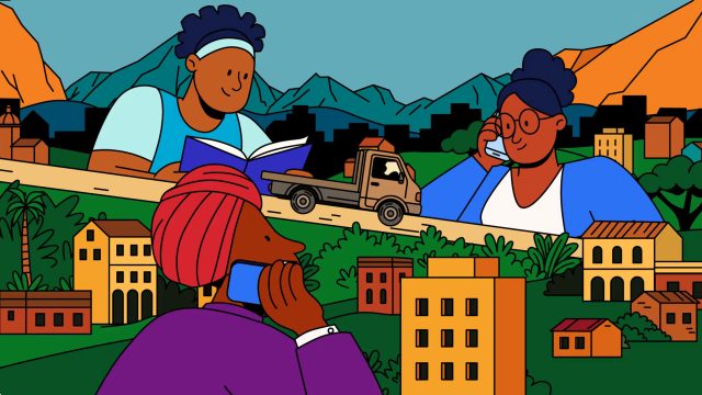 Three people in vibrant clothing talk on phones and read a book, set against buildings, greenery, and mountains. A small truck drives along the road in this bold, colorful cartoon style by Animwood Studio, inspired by Dollar's Journey. Frame from Stash Magazine article.