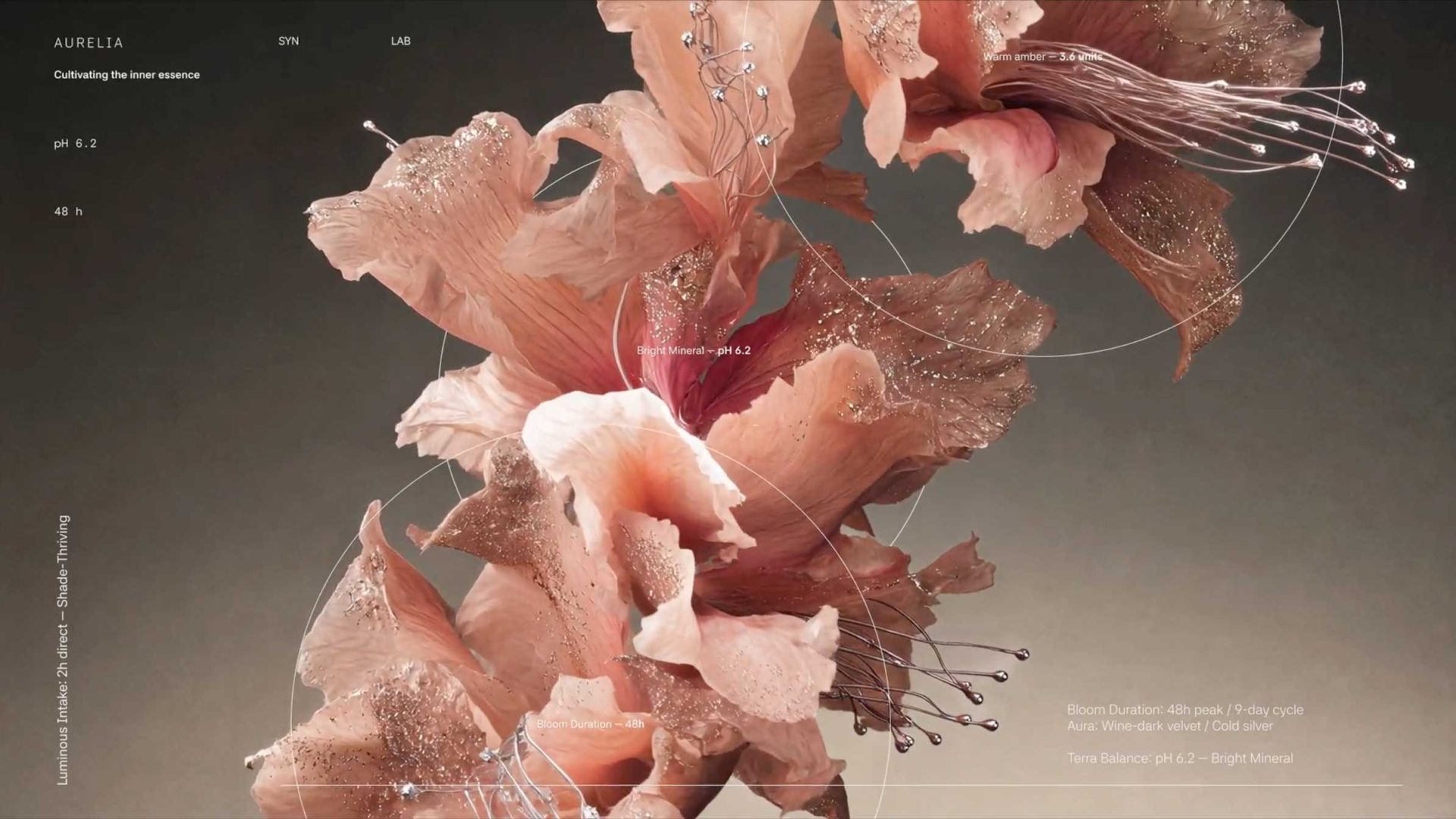 Abstract digital artwork of peach and pink flower petals with sparkling botanical resonance accents and overlaid scientific text about growth metrics for Aether Scent. Frame from Stash Magazine article.
