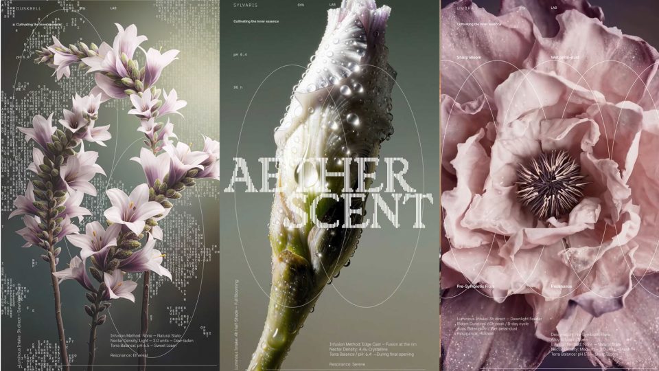 Three botanical illustrations of flowers for the Aether Scent CG short film, overlaid with scientific data and the text ARCHER SCENT. Frame from Stash Magazine article.