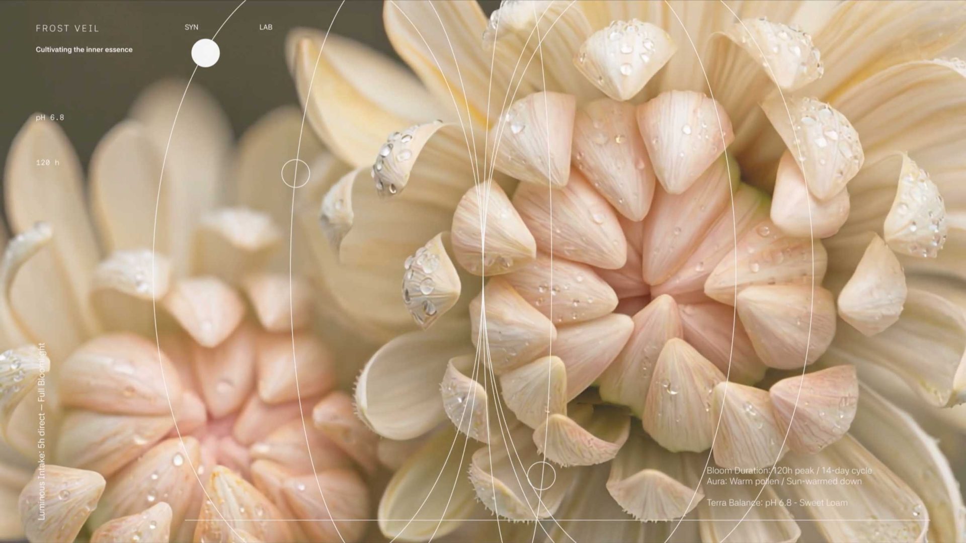 Close-up of a pale cream-colored Botanical Resonance dahlia with water droplets on its petals, overlaid with thin white geometric circular lines and technical Aether Scent text detailing botanical specifications. Frame from Stash Magazine article.