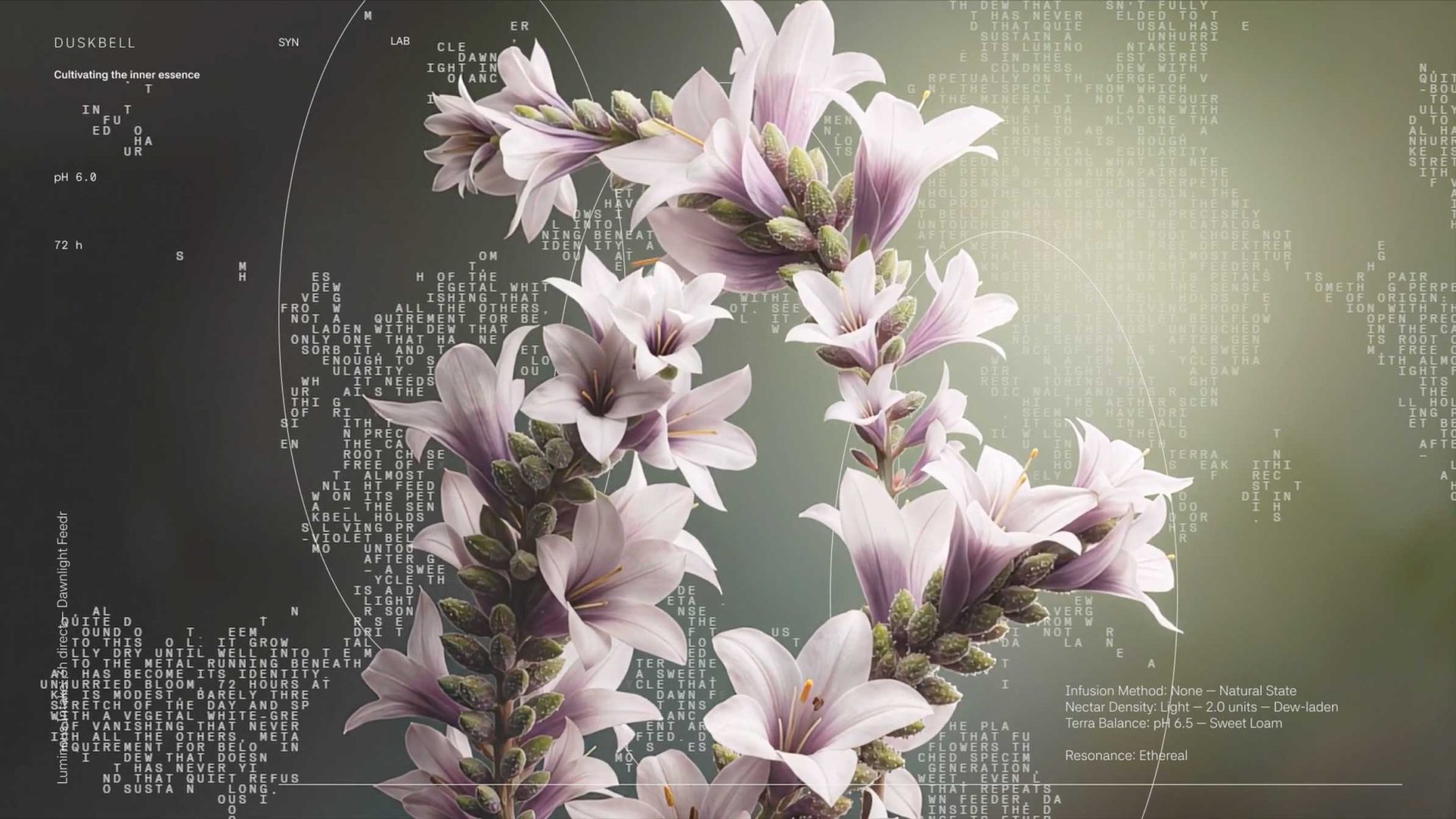 A stalk of light purple and white flowers centered over a sage green background, featuring botanical resonance among the scattered, floating white text. Frame from Stash Magazine article.