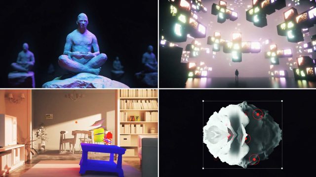 A collage of four images: a stone figure meditating, a person facing floating digital screens, a colorful toy and chair in a bright room, and a digital abstract shape with red markers on black—featured at Atlas Festival by Afonso Amaro and João Vaz Oliveira. Frame from Stash Magazine article.