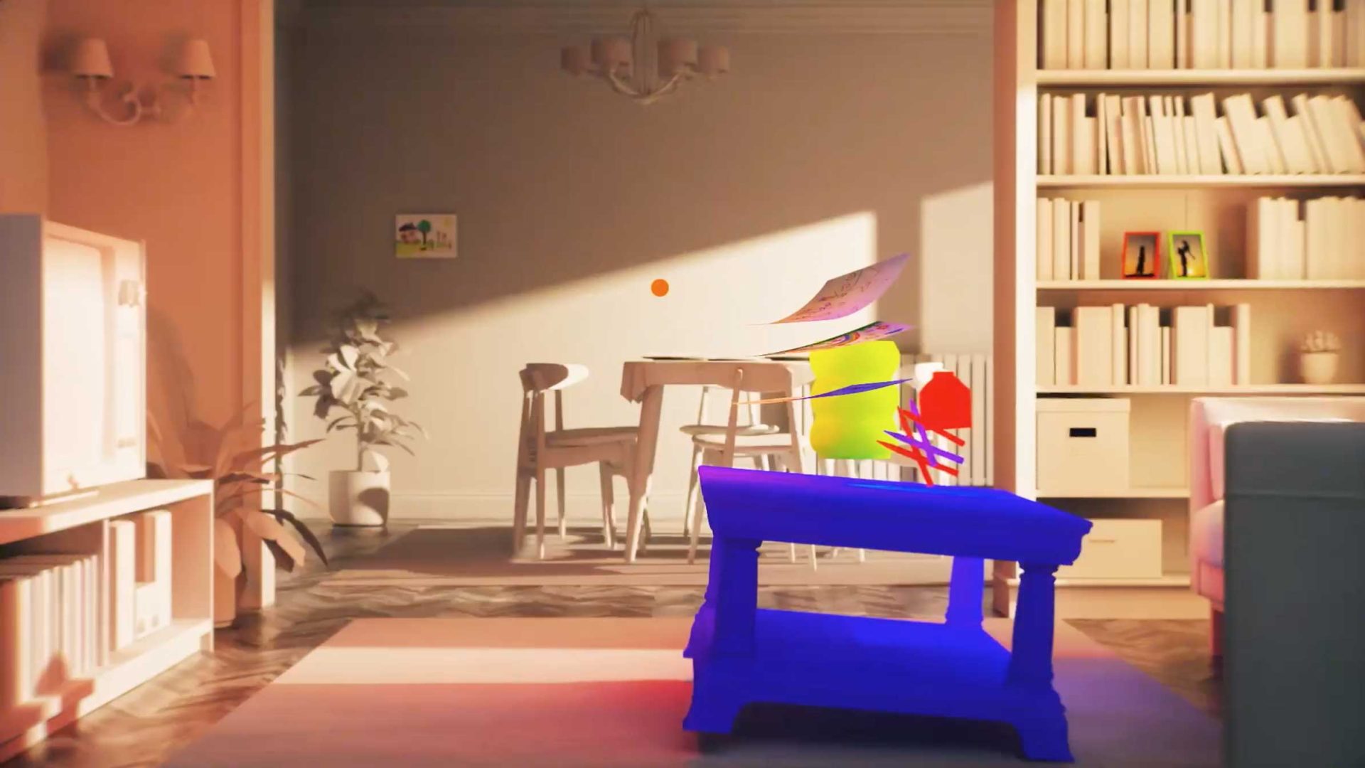 A brightly lit living room with a blue coffee table holding colorful floating objects, a dining table and chairs in the background, bookshelves on the right, and a plant near the wall—a cozy scene inspired by João Vaz Oliveira at Atlas Festival. Frame from Stash Magazine article.