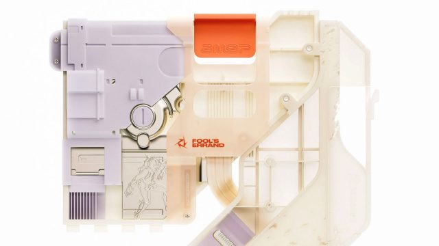 A futuristic, pastel-colored plastic device with transparent and solid sections, featuring the words Fool’s Errand, an abstract robot illustration, and inspired by Air Max '97 "Fool’s Errand" EP visuals by Chalk Company. Frame from Stash Magazine article.
