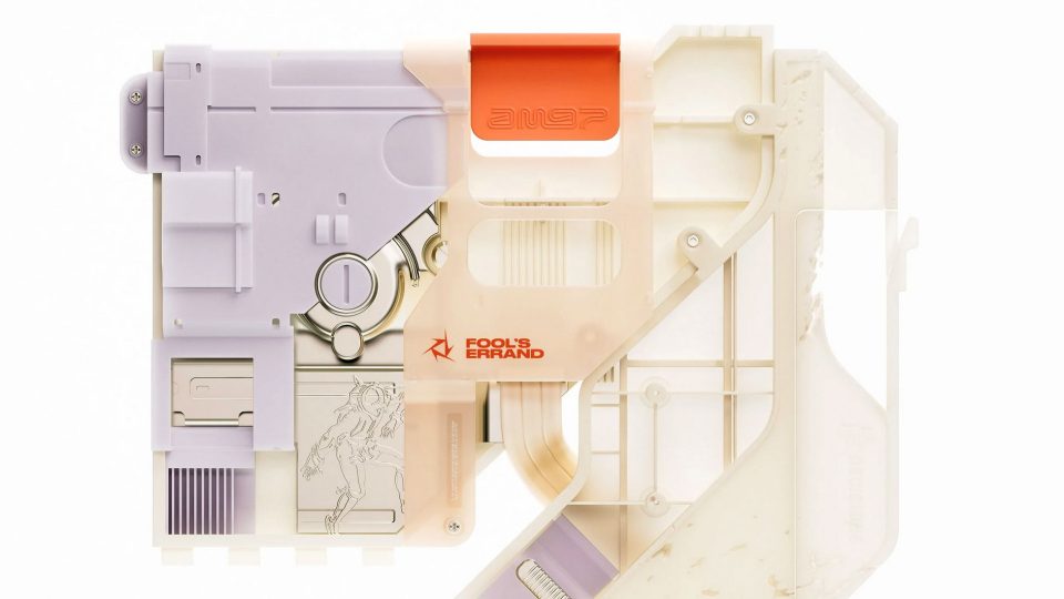 A futuristic, pastel-colored plastic device with transparent and solid sections, featuring the words Fool’s Errand, an abstract robot illustration, and inspired by Air Max '97 "Fool’s Errand" EP visuals by Chalk Company. Frame from Stash Magazine article.