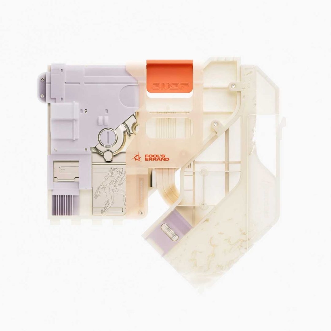 A futuristic, pastel-colored plastic device with geometric shapes and translucent sections, inspired by Air Max '97 "Fool’s Errand" EP visuals by Chalk Company, features orange, lavender, and cream accents labeled APOLLOS ERRAND on a white background. Frame from Stash Magazine article.