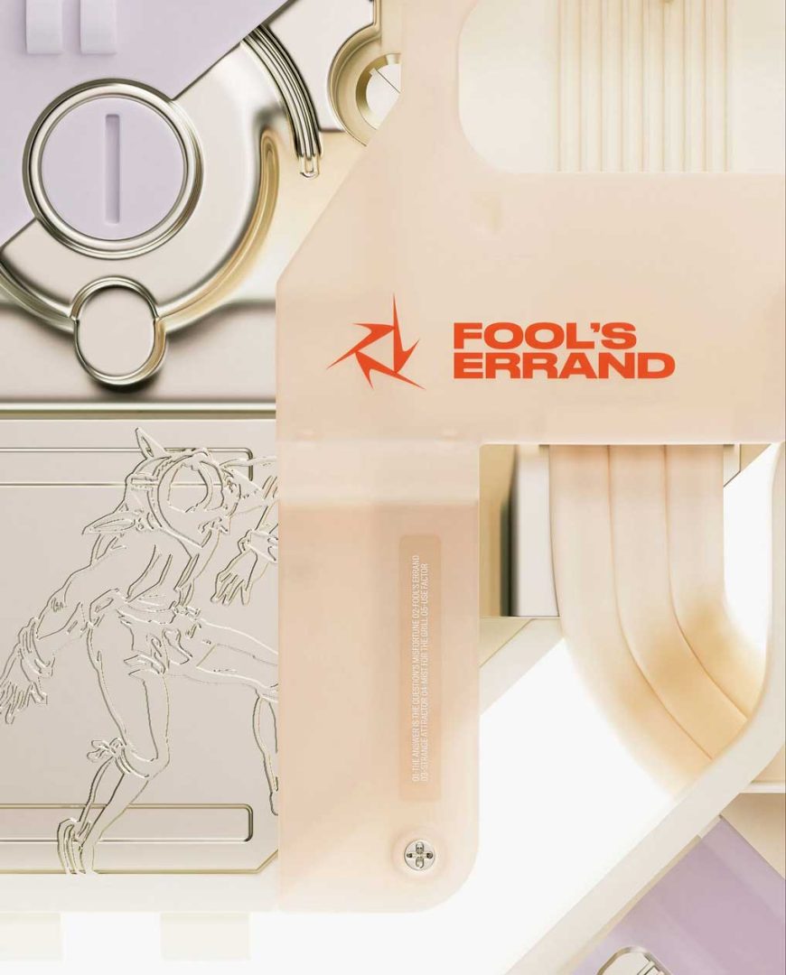 Abstract composition featuring metallic and beige geometric shapes, a sketched figure in motion, and bold red “FOOL’S ERRAND” text with a stylized arrow—an artful nod to Chalk Company’s creative spirit—on a translucent creamy surface. Frame from Stash Magazine article.