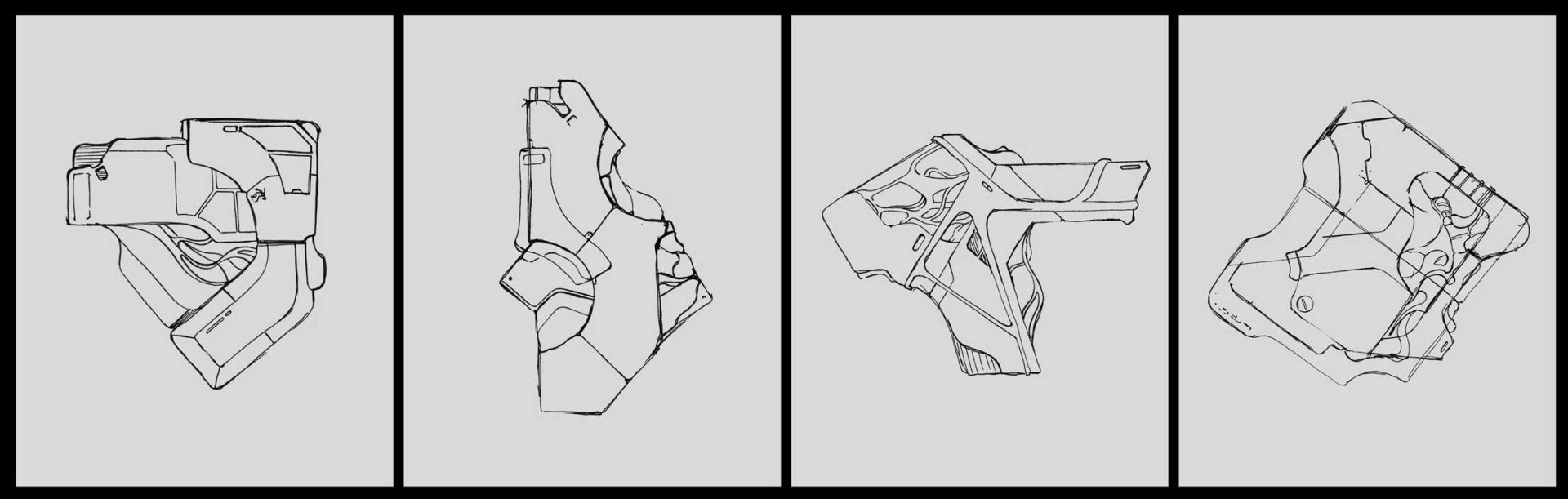 Four abstract line drawings of futuristic, angular objects inspired by Air Max '97 "Fool’s Errand" EP visuals by Chalk Company, each displayed in its own panel. The shapes evoke technological components with intricate, organic contours on light gray backgrounds. Frame from Stash Magazine article.