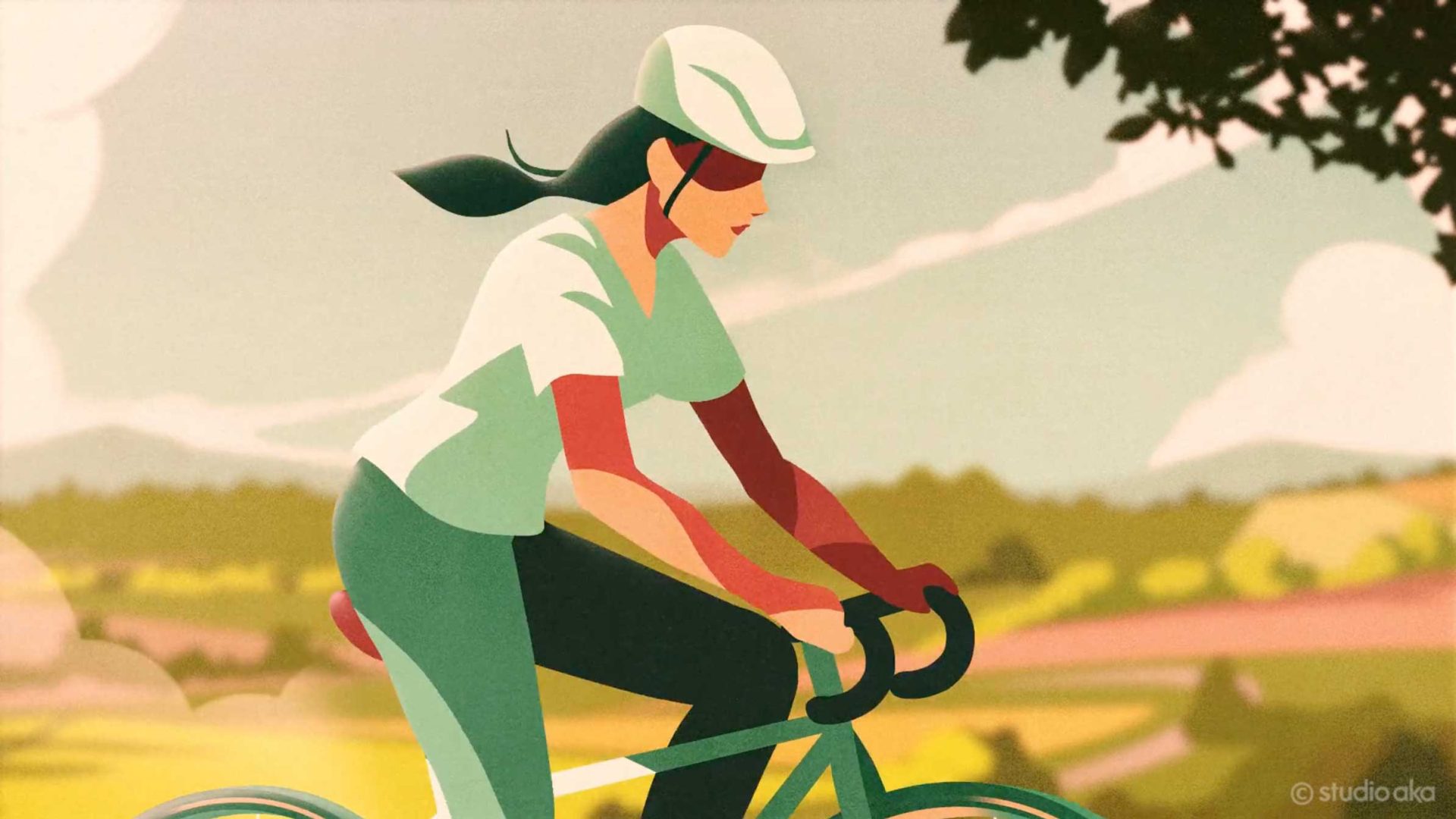 An illustration by Studio AKA shows a woman wearing a helmet and cycling through a sunny, green landscape with hills and trees—reminiscent of the vibrant style seen in Cyclist commercial work by Kristian Andrews. Frame from Stash Magazine article.