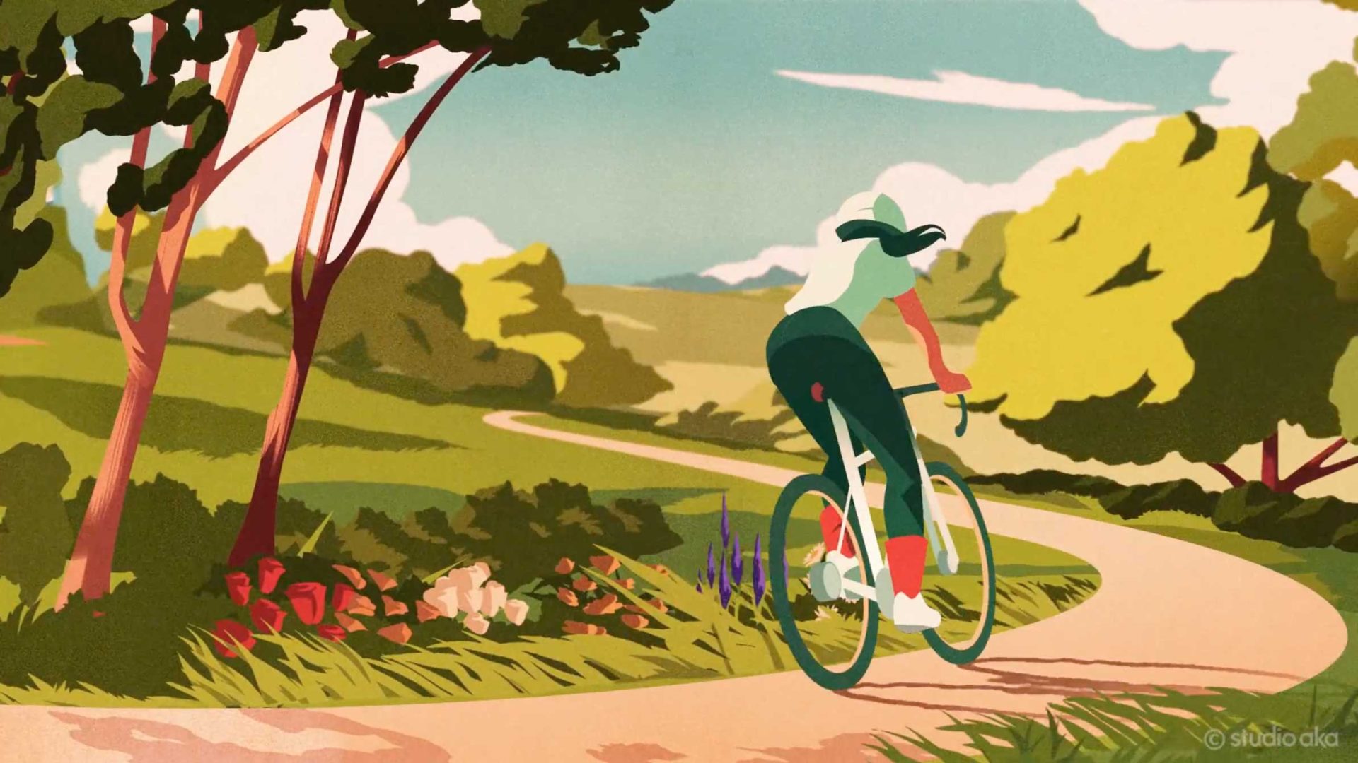An illustrated person rides a bicycle along a winding path, surrounded by green trees and flowers, under a sunny blue sky. Inspired by Studio AKA’s Cyclist commercial for Alliance Witan, the scene feels vibrant and full of life. Frame from Stash Magazine article.