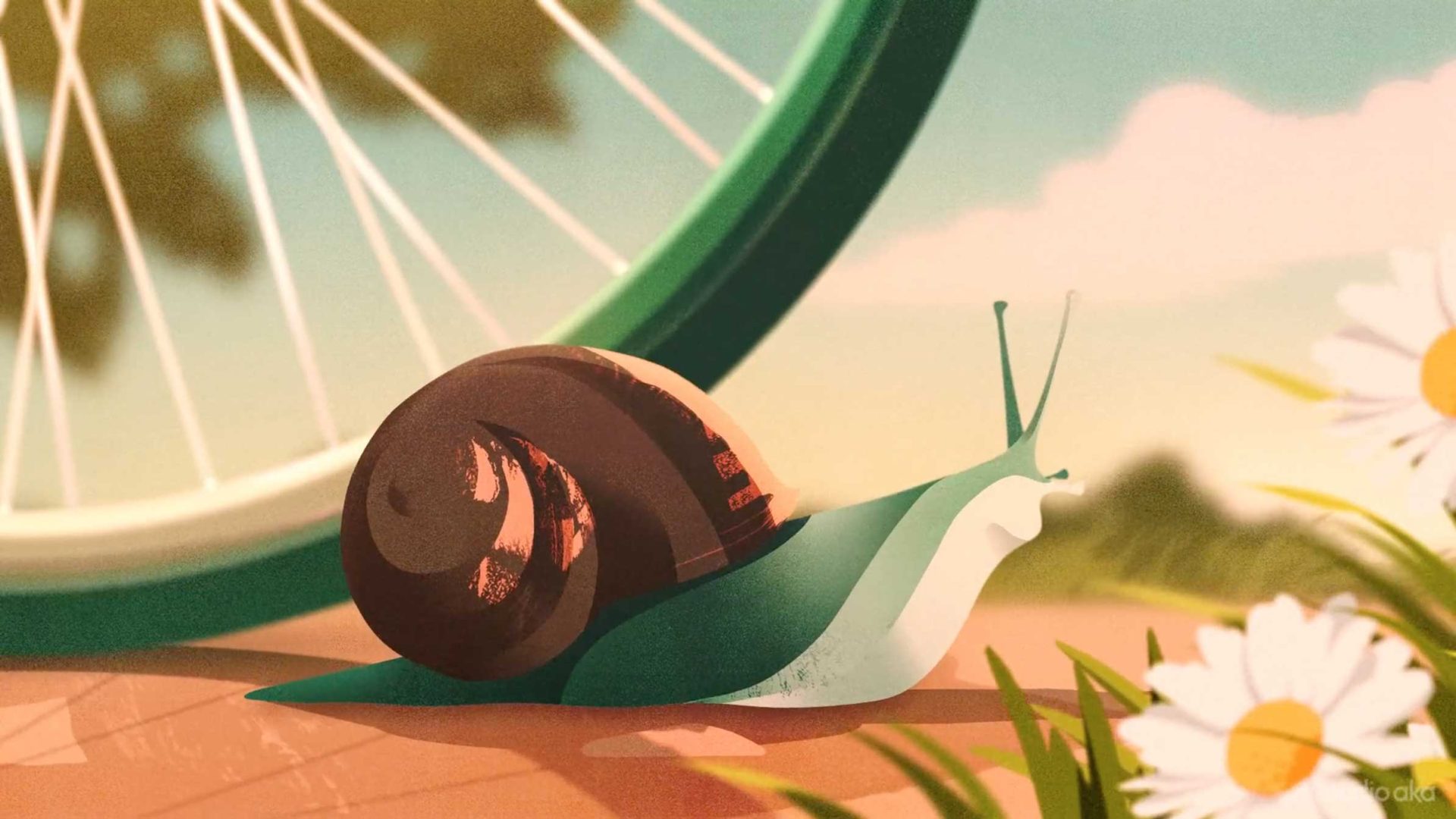 A stylized illustration of a snail with a brown shell and green body inching along a path, with a bicycle wheel and white daisies in the background, evokes the playful charm of Studio AKA on a sunny day. Frame from Stash Magazine article.