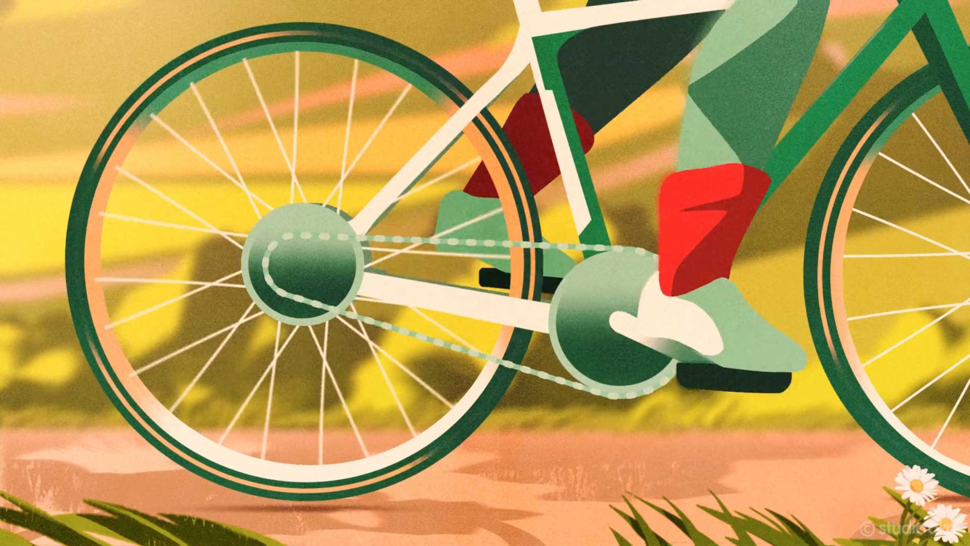 Illustration inspired by Studio AKA’s Cyclist commercial, showing a close-up of bike wheels and pedals. The rider, in green shoes and red pants, cycles through a sunny, abstract background with grass and flowers—artwork by Kristian Andrews. Frame from Stash Magazine article.