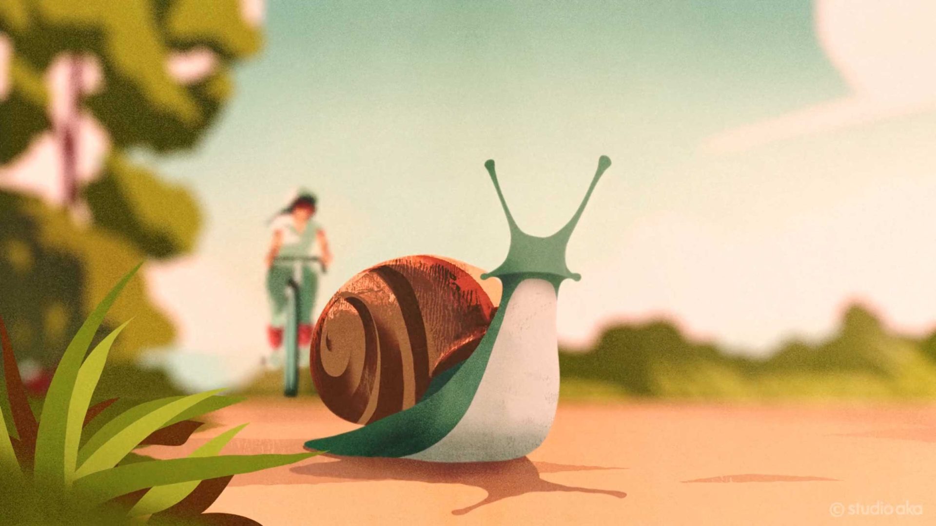 A close-up of a large snail crawling on a sunlit path, reminiscent of the "Cyclist" commercial by Studio AKA director Kristian Andrews, with a person riding a scooter in the blurred background, surrounded by greenery and blue sky. Frame from Stash Magazine article.