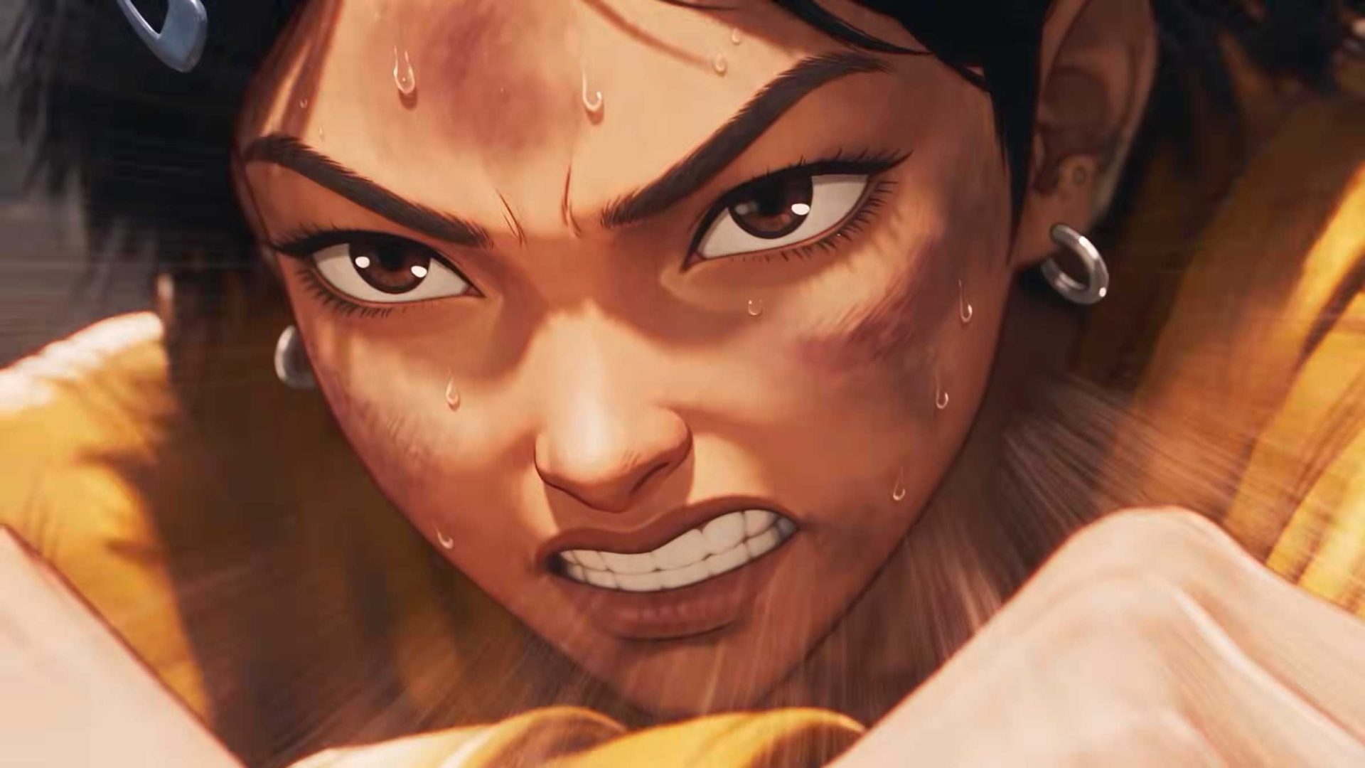 Close-up of a sweaty woman with an intense, determined expression, her teeth clenched as she embodies Andalusian Magic. Frame from Stash Magazine article.
