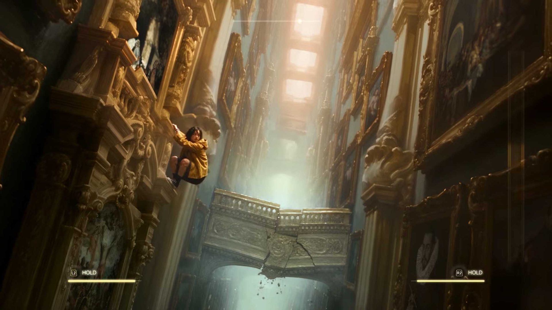 A person in a yellow Sauvage jacket clings to a gold-trimmed wall lined with paintings, overlooking a broken stone balcony in a vertical hall filled with Andalusian magic. Frame from Stash Magazine article.