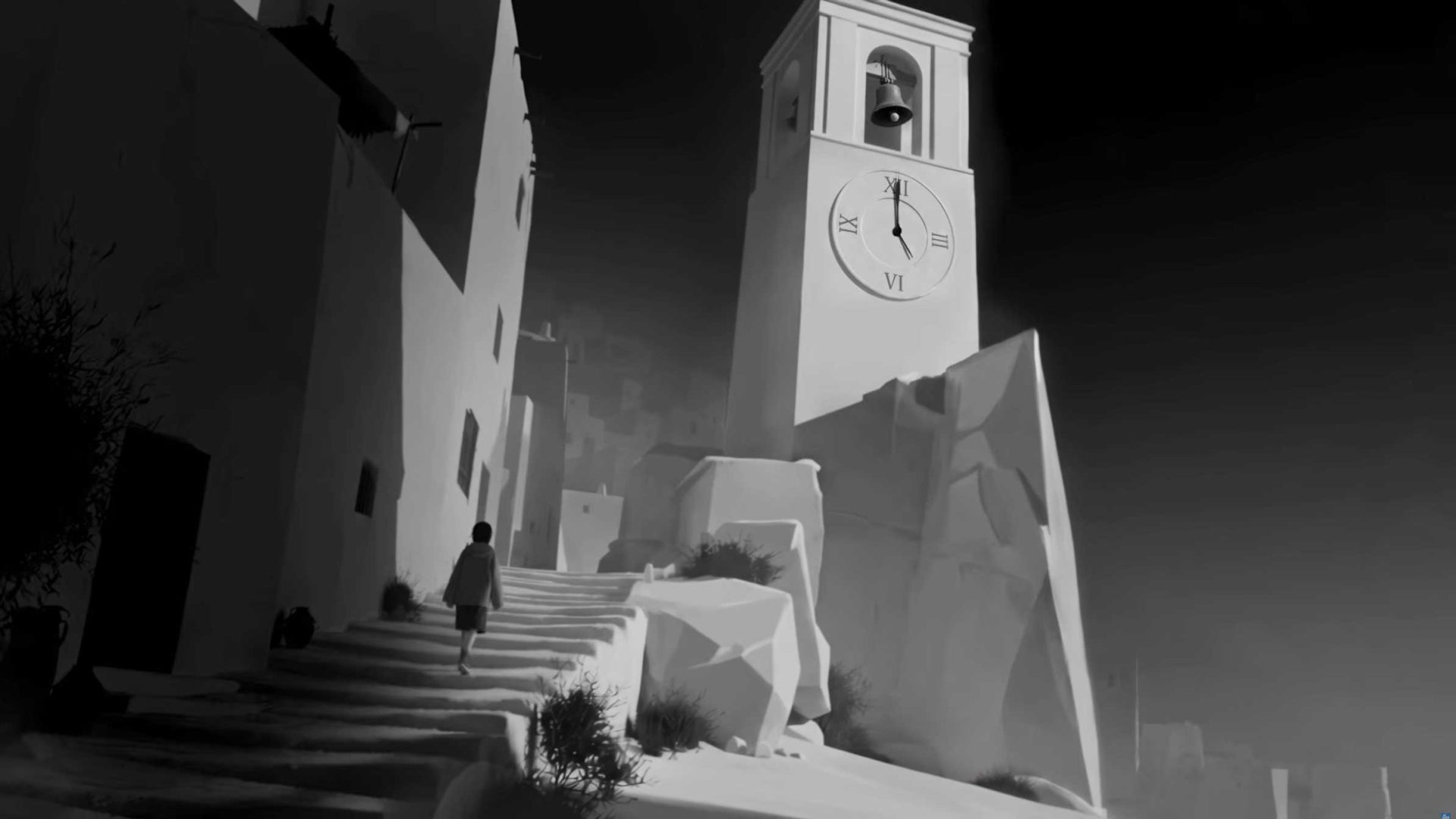 A person walks up stone stairs toward a clock tower in a stylized, black-and-white village reminiscent of The Surrender film by Manu Mazzaro. Frame from Stash Magazine article.