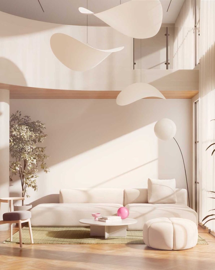 A modern, sunlit living room with a white curved sofa, round ottoman, green rug, and abstract ceiling mobiles inspired by Andreas Wannerstedt's “Soft Logic” CG Short Film, plus a floor lamp, indoor plant, and chic décor on wood flooring. Frame from Stash Magazine article.