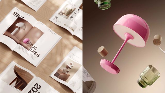 Open magazines with design images are arranged on a wooden surface. To the right, a pink modern lamp and glass objects float against a neutral background, evoking the dreamy aesthetic of Andreas Wannerstedt’s "Soft Logic" CG Short Film. Frame from Stash Magazine article.