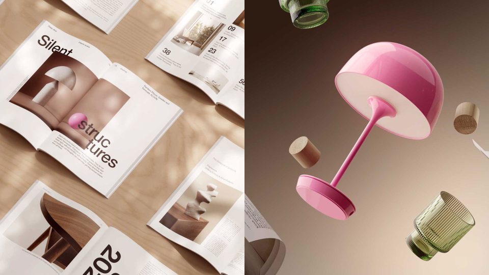 Open magazines with design images are arranged on a wooden surface. To the right, a pink modern lamp and glass objects float against a neutral background, evoking the dreamy aesthetic of Andreas Wannerstedt’s "Soft Logic" CG Short Film. Frame from Stash Magazine article.