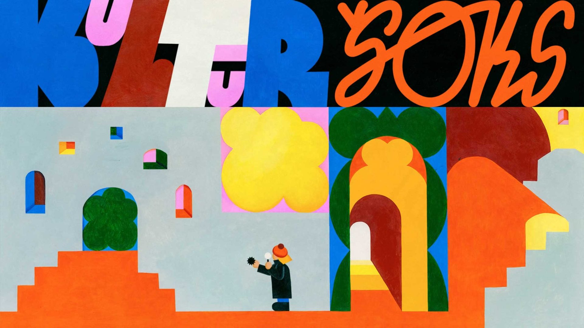A colorful, abstract illustration inspired by Roberts Rurans, with bold overlapping shapes and text at the top. Below, a small figure in a hat holds a flower near bright arches—evoking a playful, surreal Kultureshock cityscape. Frame from Stash Magazine article.