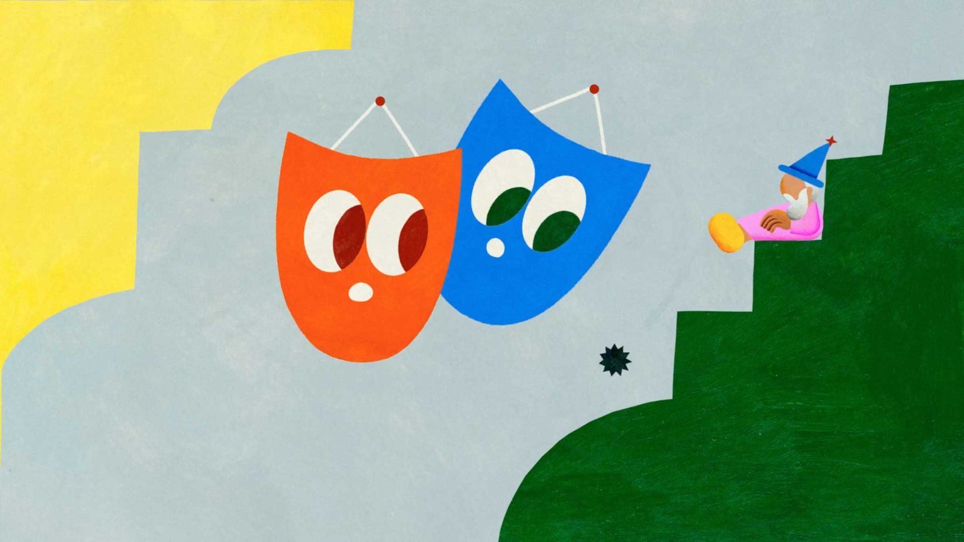 An illustration by Roberts Rurans shows two colorful masks with wide eyes hanging on a wall, facing a small seated figure in a blue hat on green stairs—a vivid scene evoking Kultureshock. The background features yellow, gray, and green sections with a spiky black shape. Frame from Stash Magazine article.