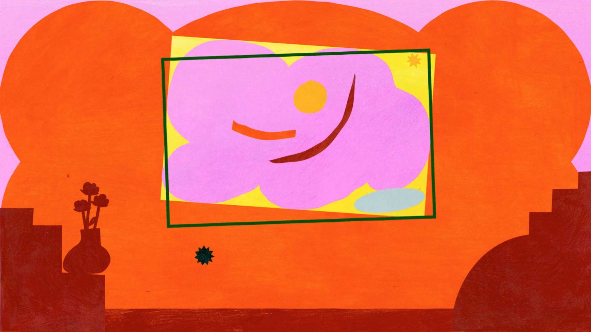 A colorful abstract illustration inspired by Roberts Rurans features a pink and yellow painting with playful shapes on an orange wall, flanked by deep red silhouettes of stairs and a vase with flowers. The background is pink. Frame from Stash Magazine article.