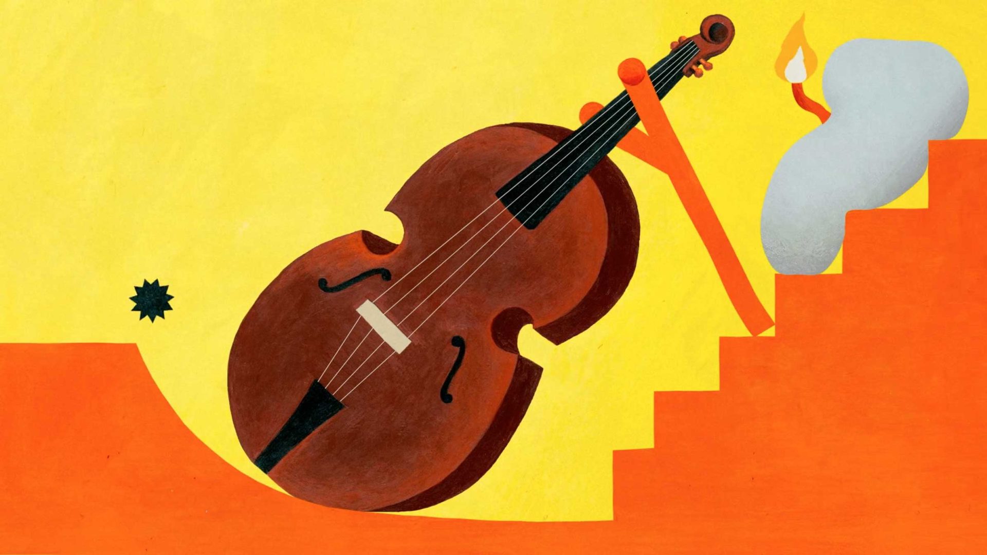A brown cello rests against orange steps on a yellow background. A melting white candle with a flame sits on the steps, while a small black spiky shape evokes Kultureshock by Roberts Rurans for Public Broadcasting of Latvia. Frame from Stash Magazine article.