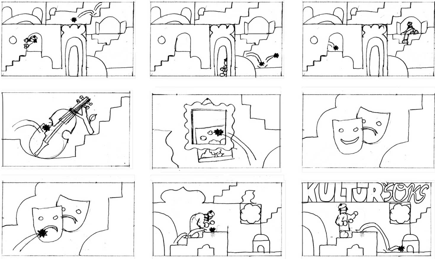 A nine-panel black and white comic, styled as an animated title sequence for Kultureshock TV show for Public Broadcasting of Latvia, shows a person chasing a spider past artsy props, ending on stage beneath a sign reading KULTURSØNG. Frame from Stash Magazine article.