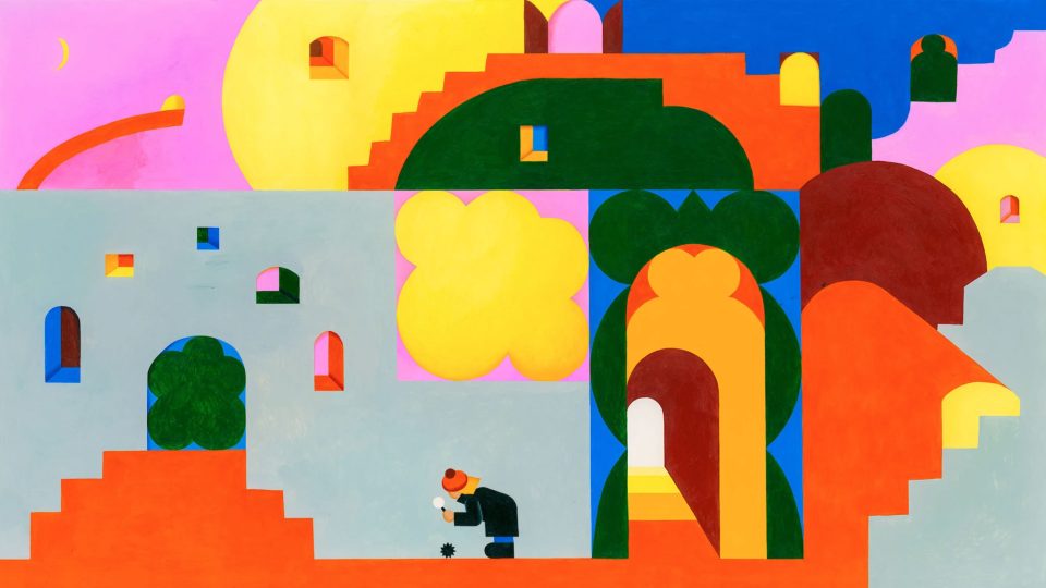 A colorful, abstract painting by Roberts Rurans features geometric buildings, arches, and shapes. A small figure in a hat kneels on orange steps, holding a magnifying glass to observe a tiny black object. The vibrant background bursts with pink, yellow, and blue. Frame from Stash Magazine article.