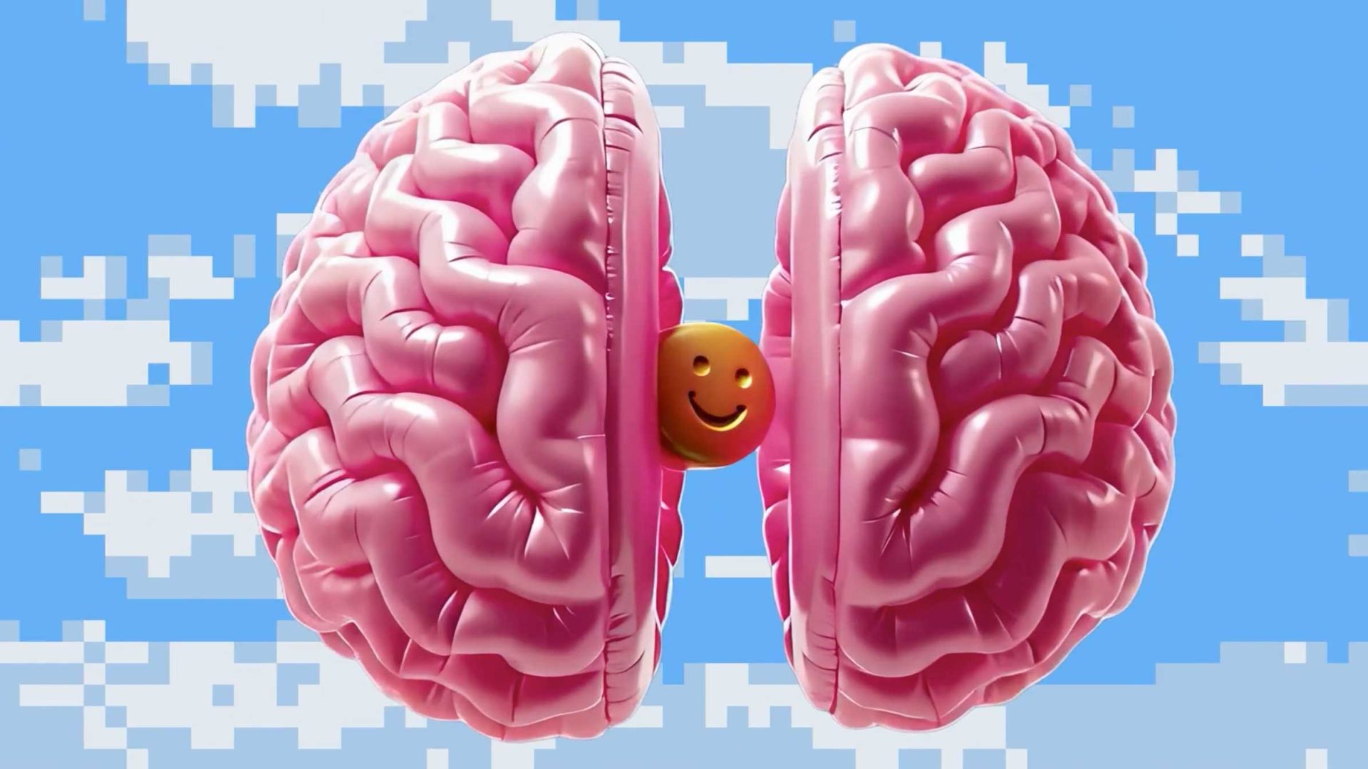 Two halves of an inflatable pink brain separated by a small, smiling yellow sphere representing a Run for Mental Health against a pixelated blue and white sky. Frame from Stash Magazine article.