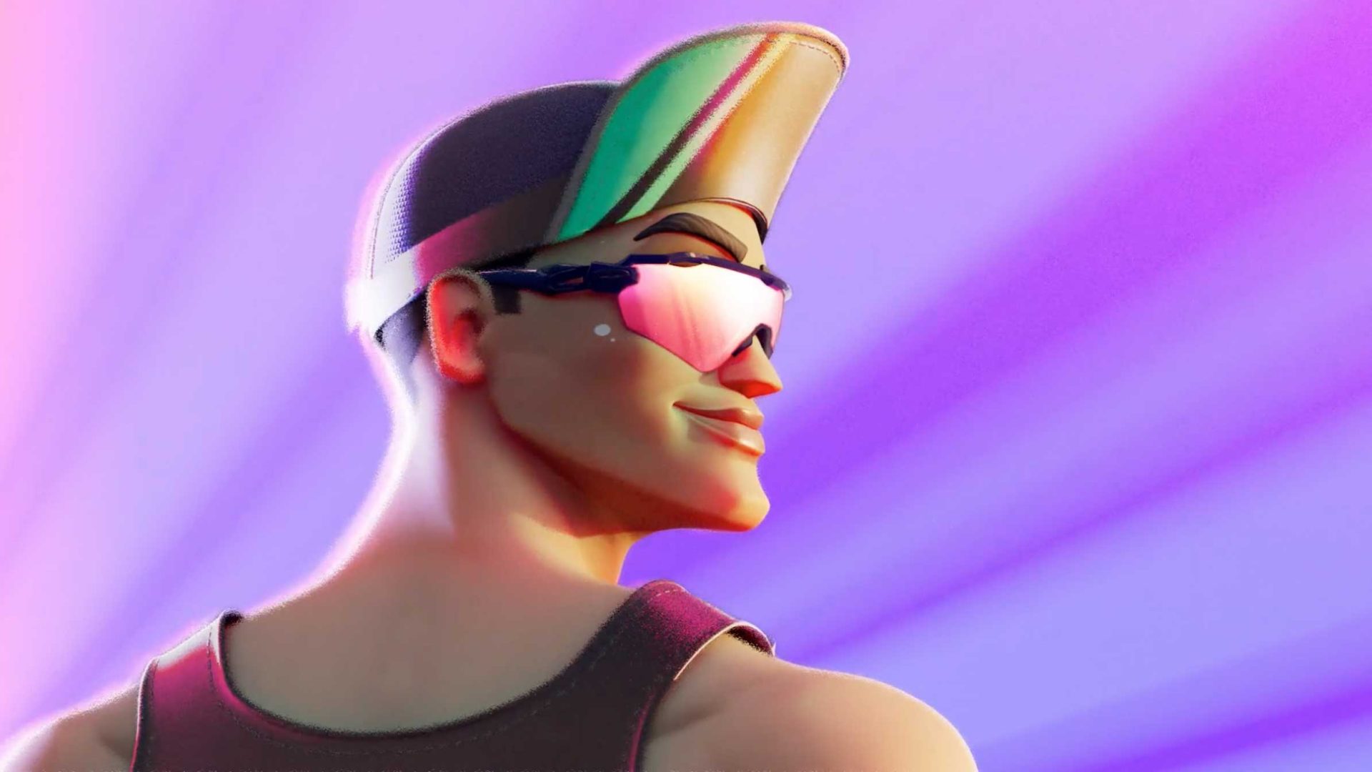 A stylized 3D character wearing a backwards cap and reflective sunglasses, set against a vibrant purple background for the Run for Mental Health. Frame from Stash Magazine article.