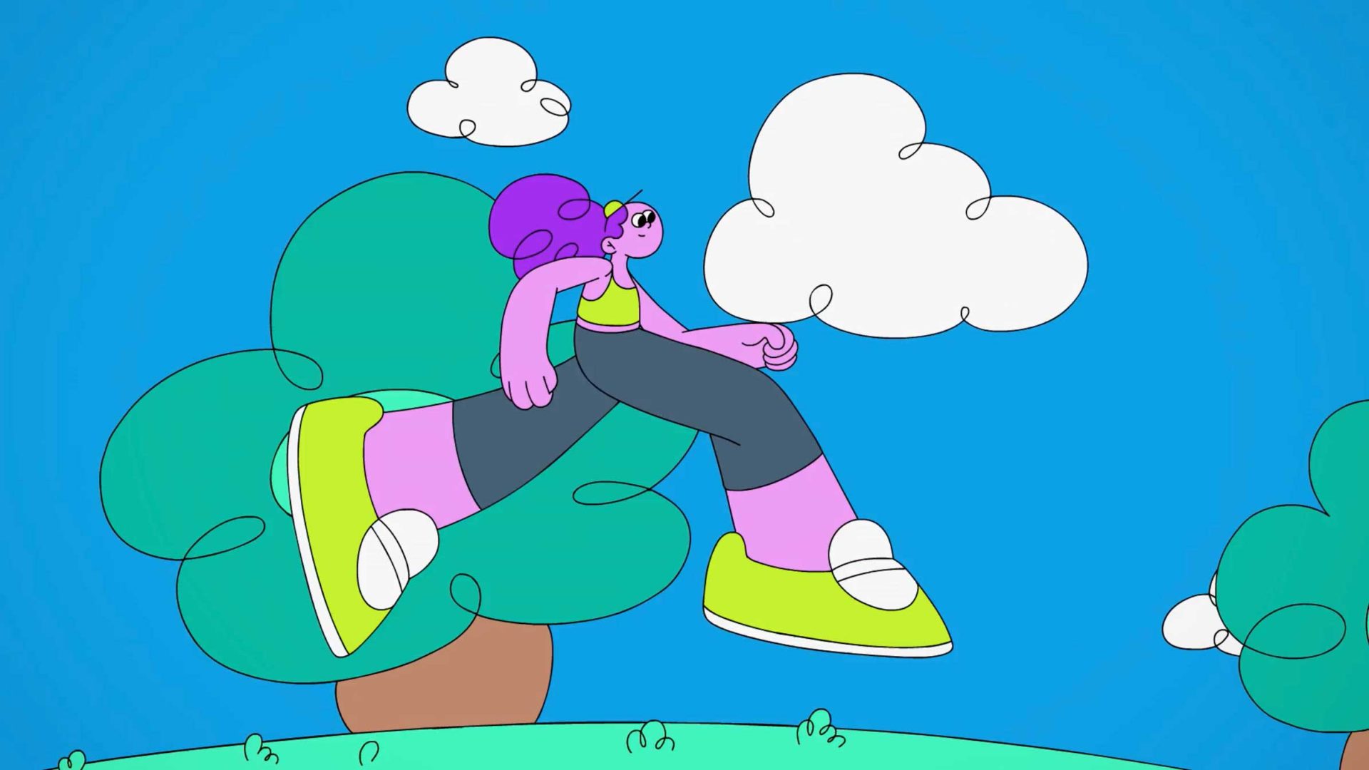 A purple-haired cartoon character runs through a landscape of stylized green trees and white clouds in Paul Jordon’s Any Run animation for Sport In Mind Berocca. Frame from Stash Magazine article.