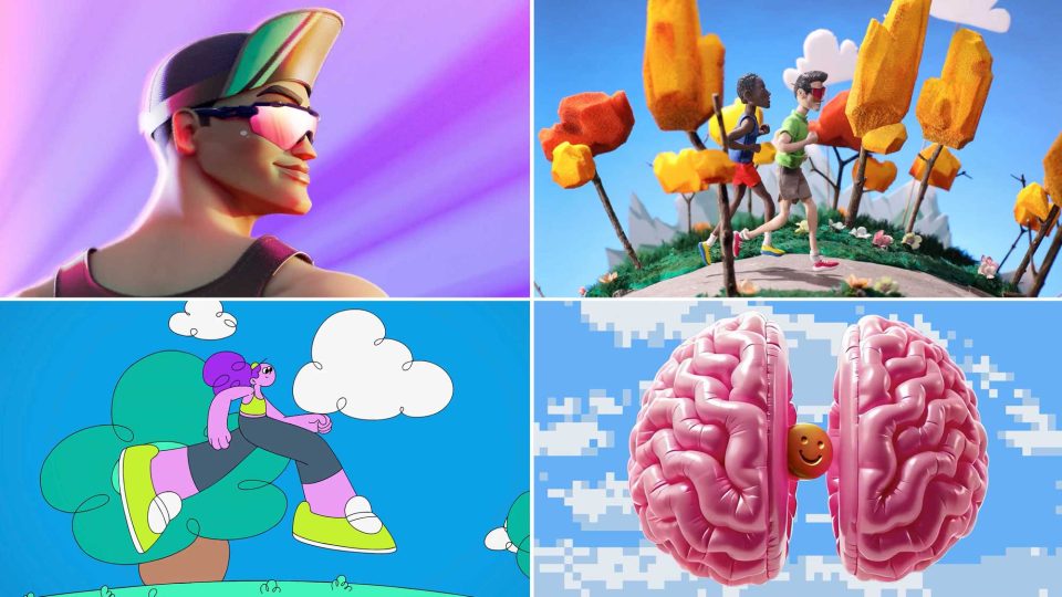 A collage of four stylized illustrations from the Any Run & Everyone film: a person wearing sunglasses, two people running on a path, a person running over stylized trees, and a smiley face icon held between two halves of a brain. Frame from Stash Magazine article.